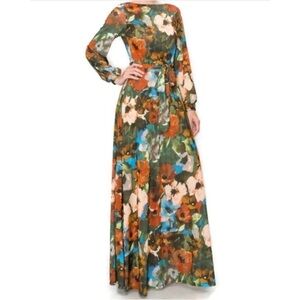 Janette Fashion Vintage Olive Peach Floral Bell Long Sleeve Modest Maxi Dress